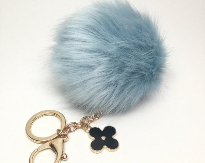Dreamy Blue Faux Rabbit Fur Pom Pom bag Keyring keychain fake ball puff