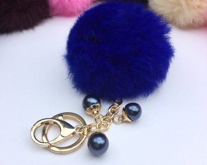 DIY Wholsale Royal Blue Real Genuine Rabbit fur pom pom keychain puff ball charm keyring