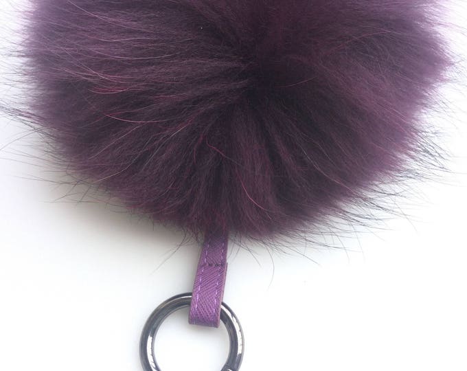 NEW! Purple Color Raccoon Fur Pom Pom bag charm keychain keyring puff fluffy realfur chain pendant Gun Metal™ Series