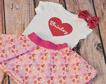 Girls Valentine's Day Outfit - Pink Glitter Heart Name Shirt - Glitter Personalized Bodysuit - Valentines Skirt - Baby Toddler Girl