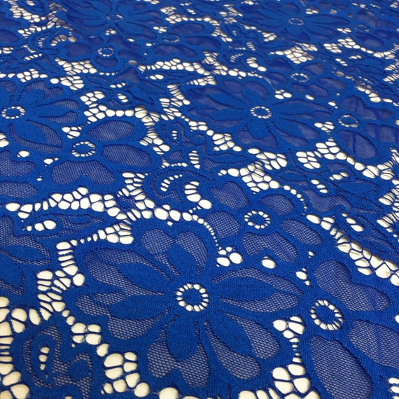 Royal Blue Stretch Lace Fabric Floral Embroidery Poly Spandex