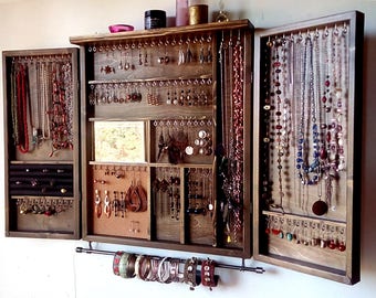 Jewelry cabinet. Large earrings closet with shelf. Dark WALNUT jewelry storage.Wooden wall mounted earring organizer. earrings storage.