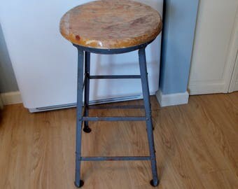 Vintage Industrial Stool With Oak Seat