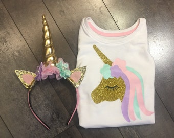 2 pc unicorn pink gold lavender and mint headband, unicorn headband and matching unicorn shirt, quick shipping