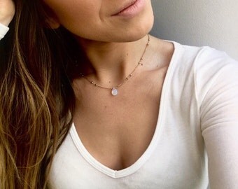 Beaded rose gold necklace,opalite style moonstone necklace teardrop pendant,champagne gold layered gold necklace,mermaid tears by Serenity P