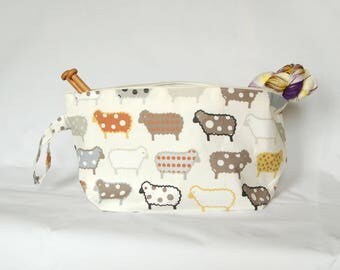 Knitting project bag in funky sheep print; extra large project bag, sweater bag, crochet bag, yarn bag, make up bag,
