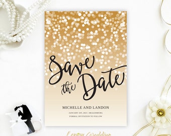 Gold and black wedding save the dates printed on luxury cardstock | Sparkle Save The Date Cards | New Years Eve wedding