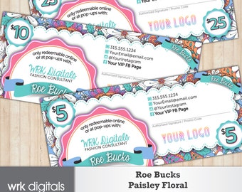 Cash Coupons, Roe Bucks, Gift Certificate, Fashion Consultant, Paisley Floral Design, Direct Sales, PRINTABLE