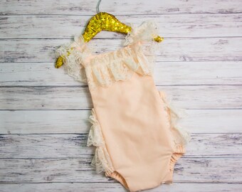 Peach Lace Romper- Baby Girl Romper, vintage style lace romper, tea party Ruffle Romper, girlie lace romper, Peach and cream lace romper
