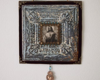 Sacred Heart ofJesus Rustic Wall Art Antique Ceiling Tile Milagro Ex Voto Catholic Decor and Gifts