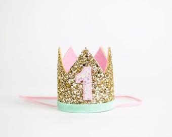 First Birthday Crown | 1st Birthday Girl Outfit for Cake Smash | Baby Girl First Birthday Outfit | 1st Birthday Hat | Gold Baby Pink Mint