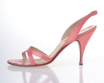 Vintage 1950s pink satin stiletto sling back sandals shoes - size 35