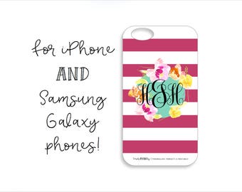 Pink, White and Floral Monogram Tough iPhone Case, Pink, White and Floral Monogram Tough Samsung Galaxy Case, Tough Phone Case