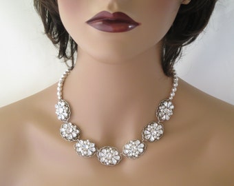 Wedding Necklace, Swarovski Backdrop Statement bridal necklace, Crystal and pearl backdrop necklace, Rhinestone and pearl wedding necklace