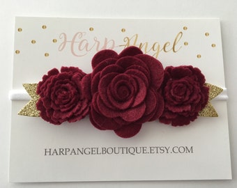 Maroon Wool Felt Flower Crown Headband Hair Bow or clip Newborn / Baby / Toddler / Girls / Adult