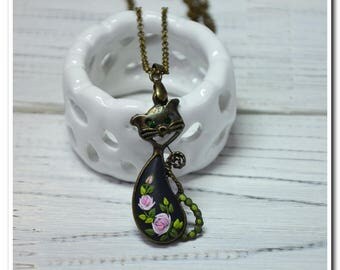 Black cat shaped pendant cat necklace rose cat pendant pink rose floral jewelry women gift for her birthday gift applique floral necklace