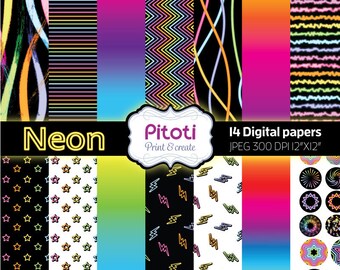 Digital paper pack, Neon DIgital Scrapbook paper, Neon Digital paper pack, Neon digital paper kit, Digital download, Printable paper.
