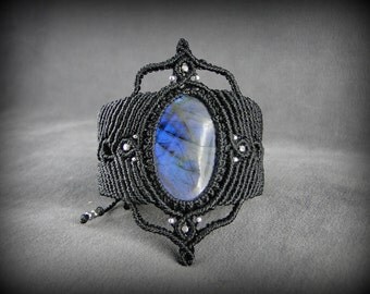 Blue Labradorite Macrame bracelet. Black woven cuff bracelet with a natural stone with powerful flash. Many details. Statement bracelet