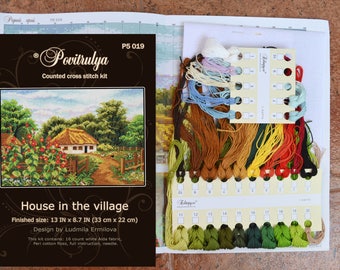 Cross Stitch Kit "House in the village", DIY, complete lanscape craft kit with supplies, counted embroidery pattern instructions