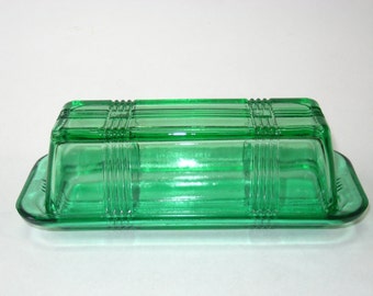 Hazel Atlas Forest Green Crisscross Butter Dish -1950's Criss Cross Kitchen Glass