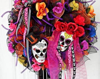 Sugar Skull Wreath, Day of the Dead Wreath, Halloween Wreath, Dia de Los Muertos, Front Door Wreath, Halloween Decor, Halloween Door Decor,