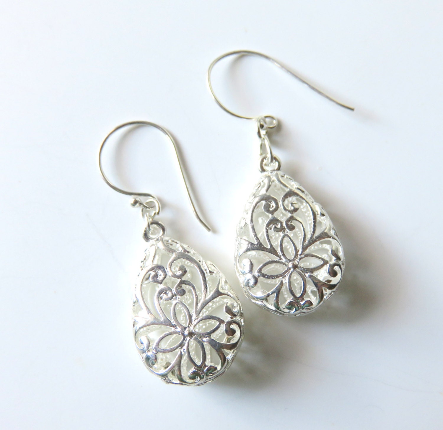 Large Silver Filigree Teardrop Earrings Silver by JemsbyJBWeddings