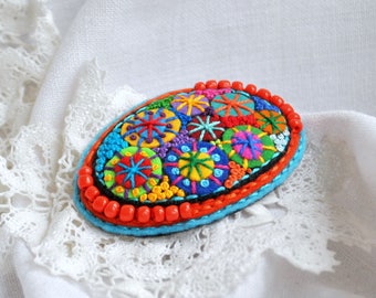 Colorful felt applique beaded oval brooch Fabric multicolor brooch French knot embroidery felt jewelry brooch Classical oval shape brooch