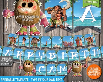 Moana Birthday Banner - INSTANT DOWNLOAD - Printable Disney Moana Happy Birthday Banner With Kakamora - DIY Personalize & Print (MOmb02)