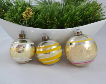 Vintage Silver Glass Ball Christmas Ornaments, Stripe and Stencil Ornament