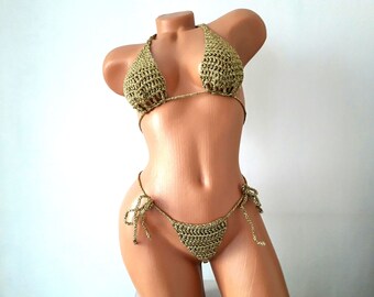 Extreme Micro Bikini, Sexy Mini Gold Bikini Set, Thong Bikini Bottom, Gstring Bikini, Dance wear Micro Thong, Bikini Fetish, Micro G-string