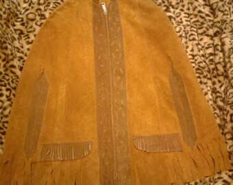 Vintage 70's Suede Leather Fringe Poncho