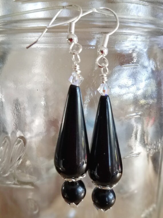 Items similar to Vintage Black Acrylic Drop Earrings with Swarovski and