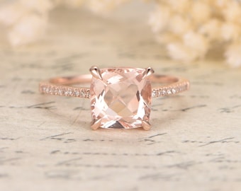 8mm Cushion Cut Morganite Ring,Morganite Engagement Ring,Morganite Solitaire Ring,Diamond Wedding Band 14K Gold,Propose Ring,Promise Ring