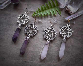 Earrings silver pentagram pendant, amethyst, rose quartz, halloween earrings, crystal earrings, birthstone january february october