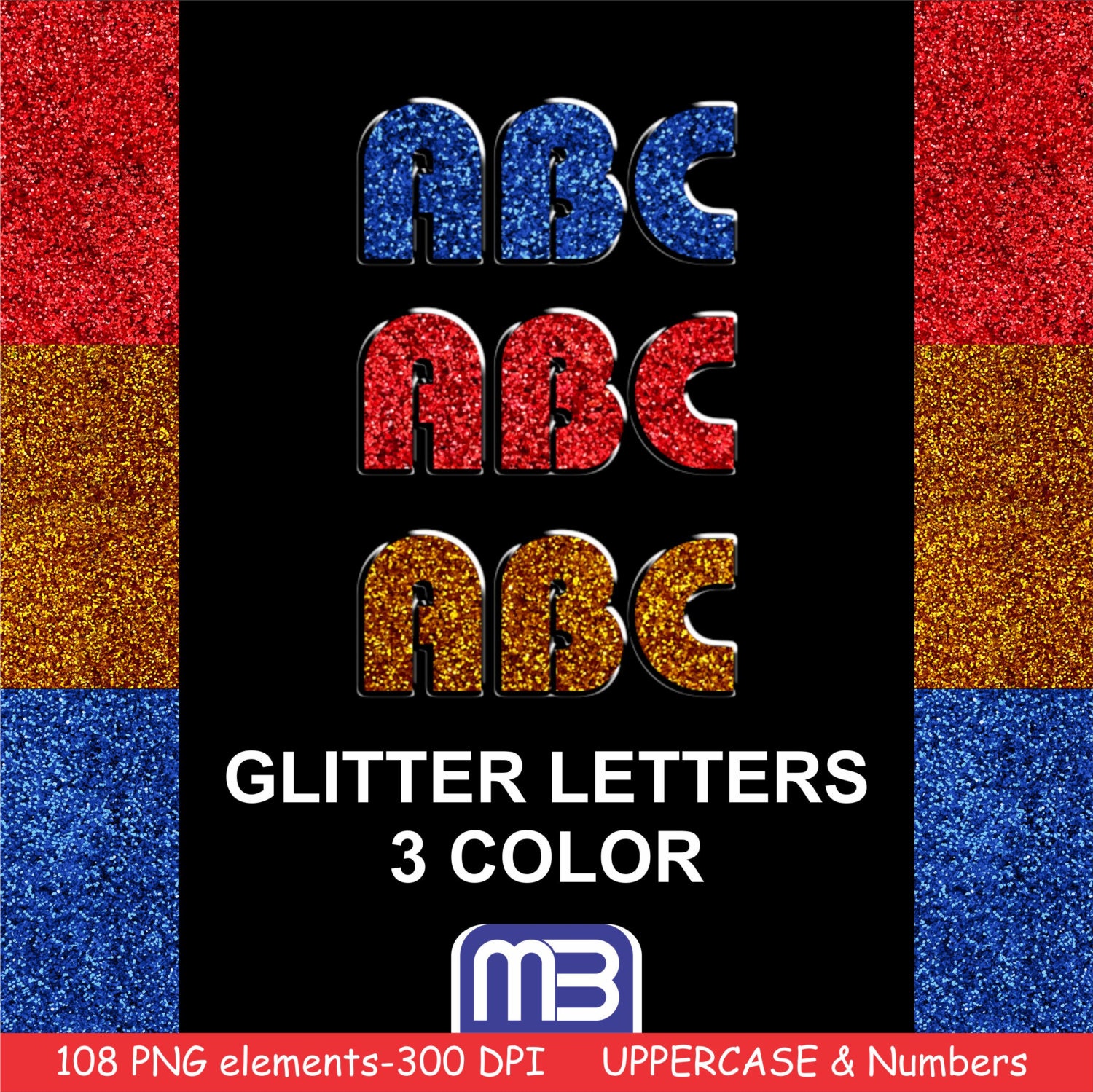 glitter alphabet 3 color png digital clip art can be used as