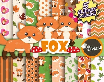 Fox Clipart + Digital Paper : "Fox Digital Paper" - Woodland Animal Clipart, Forest Birthday Party Invite, Baby Shower, Instant Download