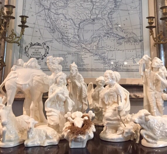 Elegant All White 15 piece Vintage Nativity Scene Statue Set