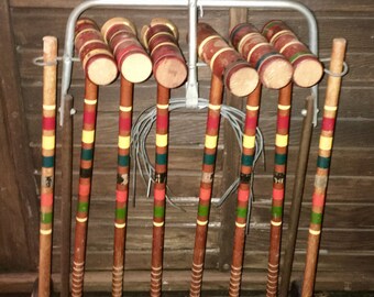 Vintage Wooden Croquet Complete Set and Rolling Cart