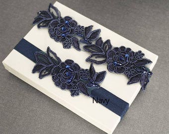 Royal Blue,Navy Beaded Lace Wedding Garter Set , Embroidery Garter Set, Toss Garter , Keepsake Garter ,Customizable Handmade-GT033