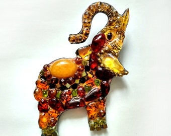 Amber elephant-handmade brooch from stones and beads