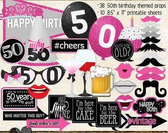 Photo Booth Props, HAPPY 50TH BIRTHDAY, printable sheets, instant download, hot pink, black, silver