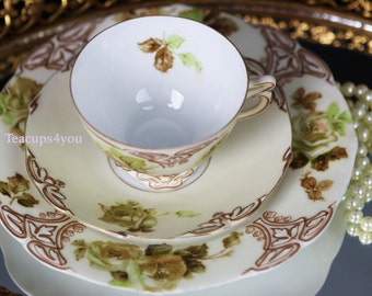 Antique Silesia Old Ivory XVI (Trio) Tea cup with Saucer and Bread Plate Embossed Design
