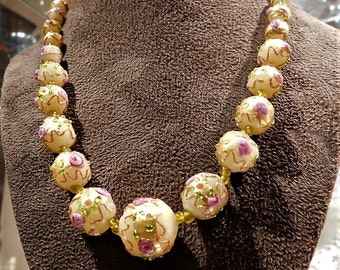 Venetian Necklace Wedding Cake Beads Murano Lampwork Fiorato Antique Pink Roses Art Glass Hand Rolled Knotted Beaded Necklace Italian Italy