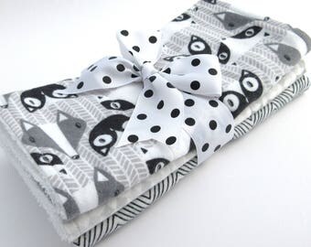Baby Burp Cloth Set-Set of 3-Gender Neutral-Black, Gray, White Woodland Animal Print, Gray Squares, Black Diamonds-Flannel-White Terrycloth