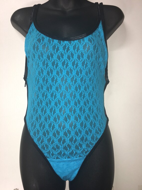 NEW*** MissManeater ELECTRIC blue 1 of a kind see-thru lace zip side designer swimsuit *** THONG cut!