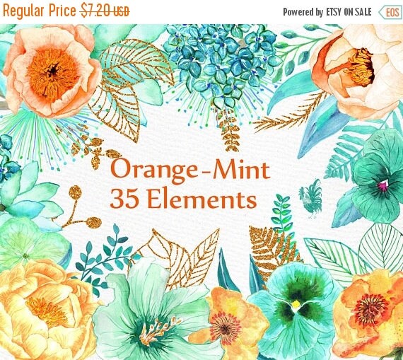 ON SALE 30% Orange Mint flowers clip art: WATERCOLOR