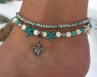 Beach Anklet, Turtle Anklet, Starfish Anklet, Nautical Anklet, Ankle Bracelet, Anklet, Beaded Anklet