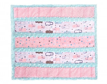 Baby Quilt Kit - Hippos-Minky Baby Girl Blanket- Pink, Aqua and White - Heavenly Hippo - Wee Ones Cuddle Kit -