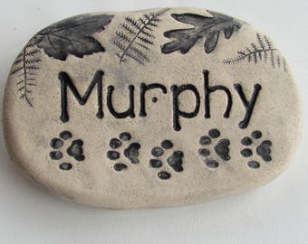 Personalized Pet memorial stone, Cat or Dog grave marker. Paw prints, Woodland leaves. 6" wide Ceramic outdoor plaque. Custom engraving.