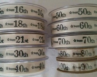 2m AGED Birthday Ribbon. Cream 15mm 16 18 21 30 40 50 60 70 80 90 Cake Decoration Gift Wrapping. Cake making, sewing, book fold. Celebration